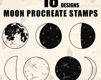 18 Moon Fases Procreate Stamp Brush Set, Celestial Digital Stamps