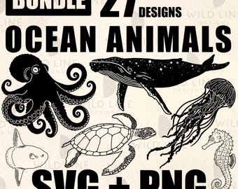 27 Ocean Animals SVG Bundle Octopus Jellyfish Manta Ray Sea Creatures Celestial Cricut Files