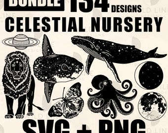 134 Celestial Nursery SVG Bundle Animals Moon Planets Baby Decor Clipart Cricut Files PNG