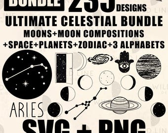 235 Ultimate Celestial SVG Bundle, Moons, Planets, Zodiac, Alphabets and Cosmic Designs