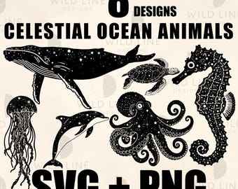 8 Celestial Ocean Animals SVG Bundle Starry Sea Creatures Octopus Jellyfish Marine Clipart