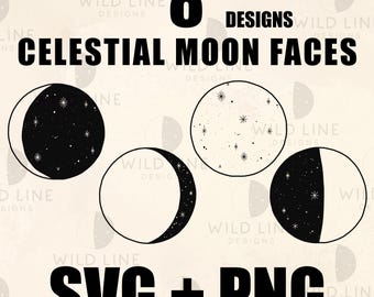 8 Moon Phases With Stars SVG, Witchy Lunar Clipart, Celestial Moon PNG Bundle