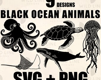 9 Ocean Animals SVG Bundle Black Sea Creature Silhouettes Octopus Jellyfish Manta Ray