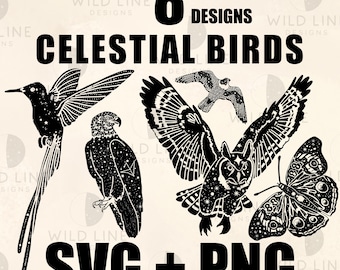 8 Celestial Flying Animals SVG Bundle Starry Birds Eagle Falcon Butterfly Mystical Clipart