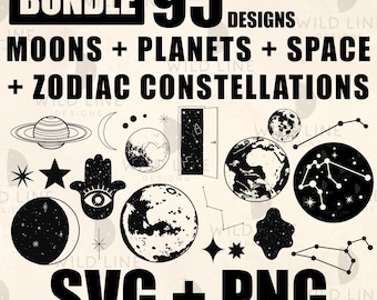 95 Celestial SVG Bundle, Moons, Planets, Zodiac and Cosmic Elements for Cricut, Silhouette, Laser