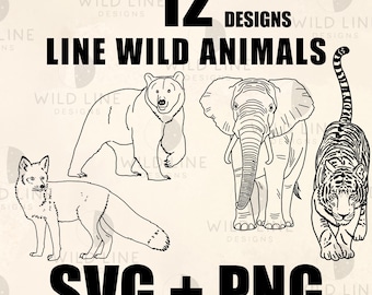 12 Minimalist Wildlife Bundle, Cricut Silhouette Lion Wolf Tiger Line Art (SVG PNG Download)