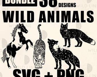 38 Celestial Wildlife Animals SVG Bundle, Line Art, Black Starry Designs for Cricut, Silhouette