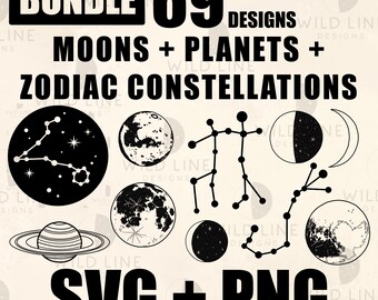 69 Celestial SVG Bundle, Moons, Planets and Zodiac Constellations for Cricut