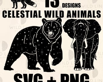 13 Celestial Wildlife Animals Bundle Mystical Star Patterns Cricut Silhouette (SVG PNG Download)