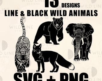 13 Wild Animal Bundle, Silhouette Bold Wildlife Tattoo Stencils Cricut (SVG PNG Download)