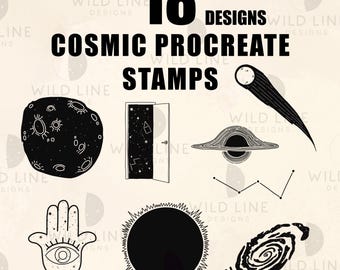 18 Space Elements Procreate Stamp Brush Set, Celestial Digital Stamps