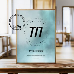May include: Framed art print with a teal and gold color scheme. The artwork features the number 777 in bold black font, surrounded by a dotted circle. Text includes "Trust, Flow, Destiny", "Inner Knowing, Faith", and "Divine Timing".