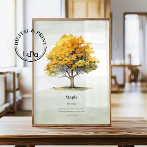 May include: A framed art print featuring a watercolor painting of a maple tree with golden yellow leaves. The print includes the text "Maple" and "The Artist", with additional text about tree personalities. The frame is a light brown color.