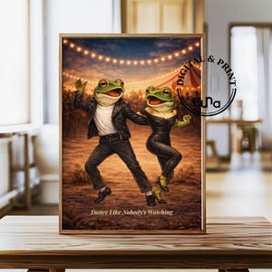 Funny Frog Couple Poster : Dance Like Nobody’s Watching, Retro Circus Wall Art