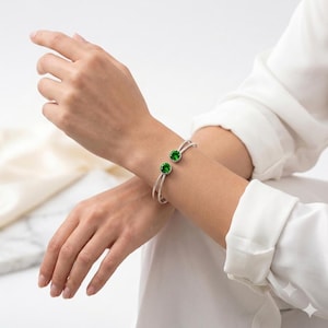 Bracelet manchette double émeraude, jonc ouvert en argent sterling, bijoux ajustables minimalistes