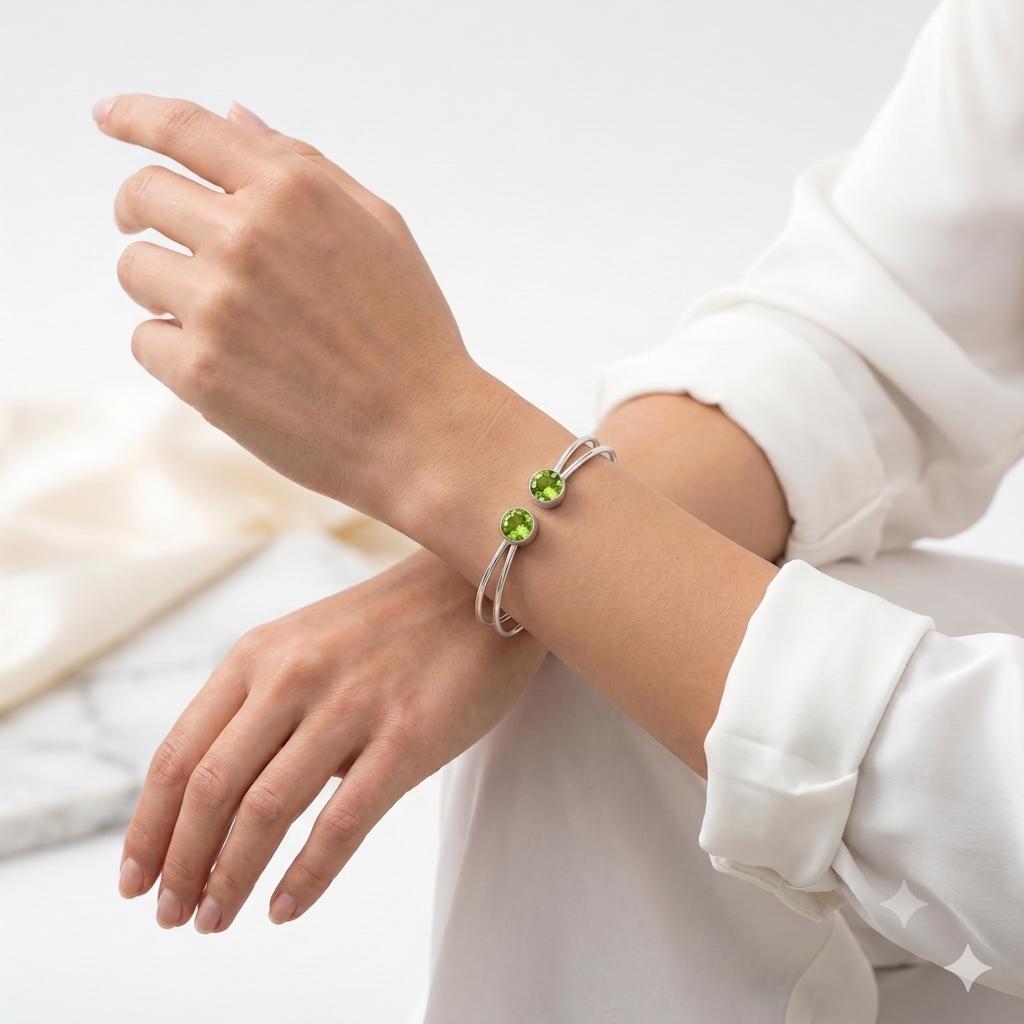 Peridot Double Band Cuff Bracelet, Sterling Silver Open Bangle, Green…
