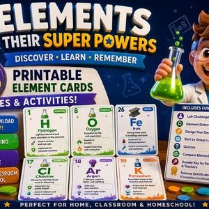 Tarjetas didácticas imprimibles de los elementos de la tabla periódica / Juegos de química, aprendizaje STEM (descarga en PDF)