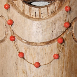 Natural Red Coral Floating Bead Wire Necklace by Athens Protasis 19" SCARCE
