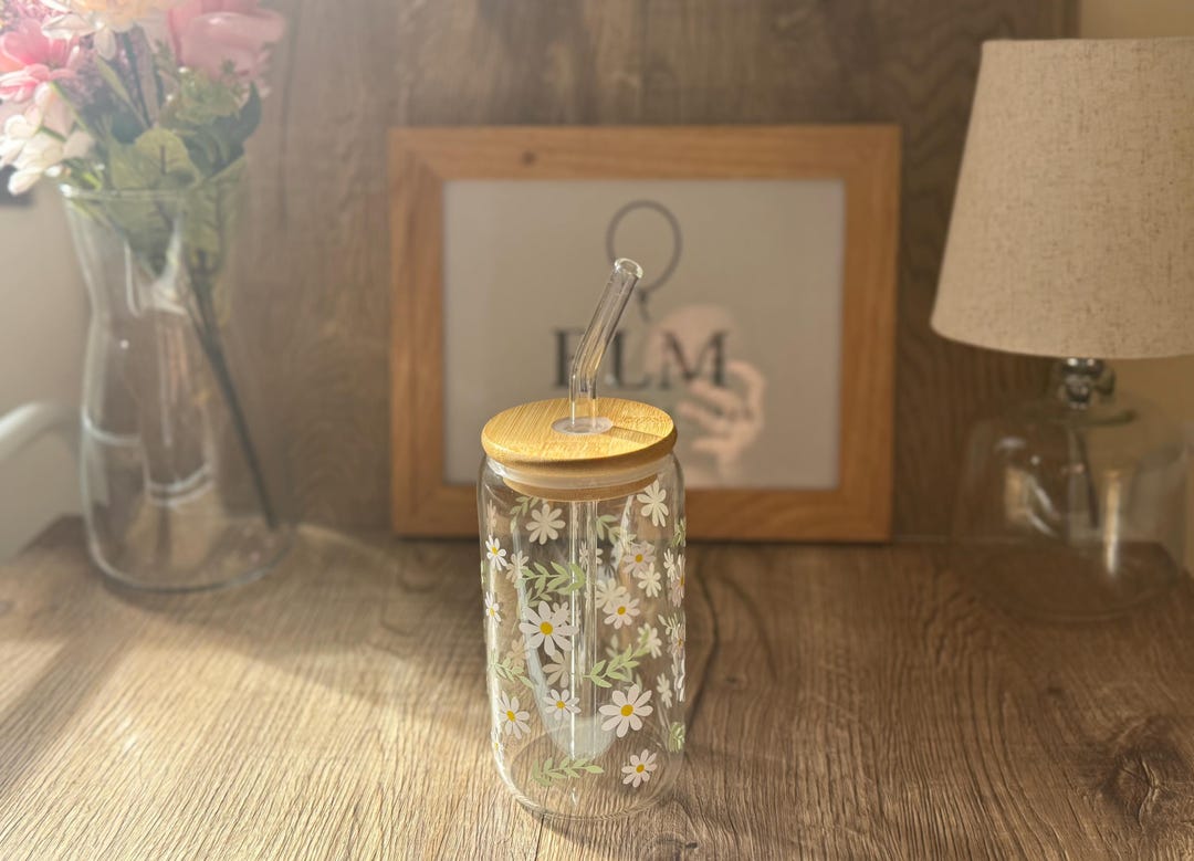 Daisy Pattern,floral Glass Cold Coffee Cup, With Bamboo Lid and Straw ...