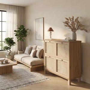 Könnte beinhalten: Ein helles Wohnzimmer mit neutraler Farbpalette. Ein Holzschrank mit gewebten Paneelen steht neben einem beigen Sofa mit Kissen. Ein kleiner Holztisch und ein gemusterter Teppich vervollständigen die Szene.