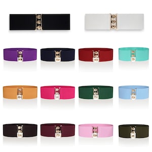 May include: A selection of elasticated belts in a range of colours, each featuring a gold-tone clasp. The belts are available in black, white, purple, navy, red, teal, tan, pink, green, and light blue. Each belt has a wide, stretchy band.
