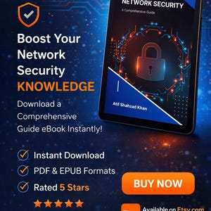 May include: Digital advertisement for a network security eBook available on Etsy. The image features a tablet displaying the book's cover, a lock icon, and the title "Network Security." Text promotes instant download and PDF/EPUB formats.
