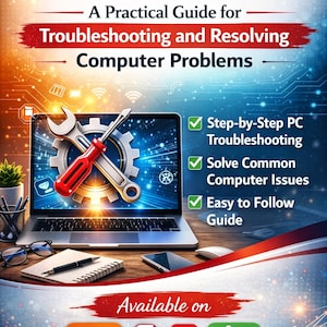 May include: Book cover titled "PC Rescue 101" with the subtitle "A Practical Guide for Troubleshooting and Resolving Computer Problems." The cover features a laptop with tools, and checkmarks for step-by-step troubleshooting, solving issues, and an easy guide. Available on Etsy.