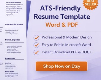 ATS Friendly Resume Template | Modern Minimal CV Word PDF (Instant Download)