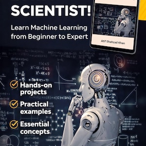 Może przedstawiać: Grafika promocyjna z tekstem „ZOSTAŃ DATA SCIENTIST!” i „Naucz się uczenia maszynowego od początkującego do eksperta”. Smartfon wyświetla okładkę e-booka. Obraz zawiera robota i równania matematyczne.