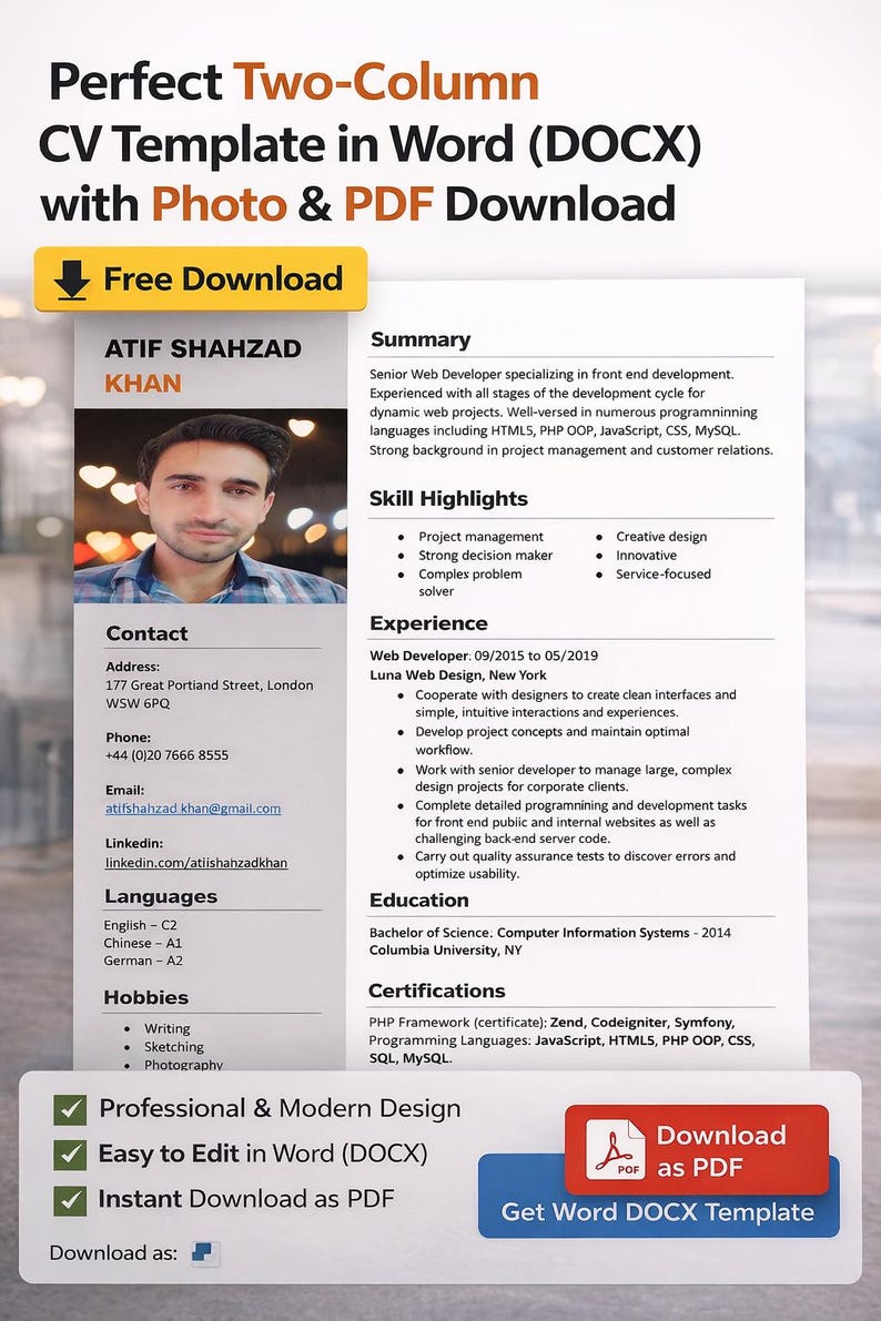 Cv Options Modern Two-column CV Template – Word DOCX & PDF Download - Etsy