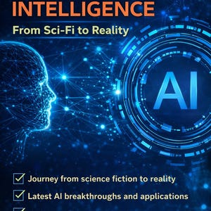 May include: A digital graphic with the words "ARTIFICIAL INTELLIGENCE" in orange. The image features a glowing blue network, a profile of a human head, and the letters "AI" inside a circle. Text includes "From Sci-Fi to Reality".