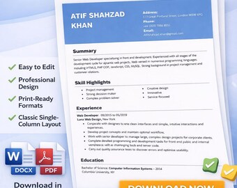Chronological Free Resume Template | Editable DOCX, PDF, Blue Header & Classic Single-Column Layout
