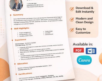 Modern Chronological CV Template | Orange Minimalist Resume (MS Word, PDF, Canva)