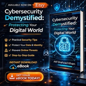 May include: An Etsy listing advertisement for an ebook titled "Cybersecurity Demystified: Protecting Your Digital World." The book cover features a glowing blue lock graphic. The ad highlights practical security tips, data protection, and online threat prevention. The ebook is available for instant download.