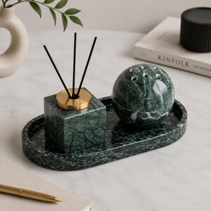 Handmade Green Marble Tray Set | Decorative Sphere, Reed Diffuser Holder