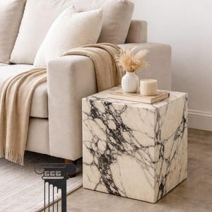Handmade Calacatta Viola Marble Cube Side Table, Luxury Natural Stone Accent Furniture