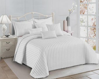 3 Piece Pom Pom Bedspread Quilted Throw Embossed Bedding Set Double King UK Size
