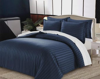 Satin Stripes Duvet Cover Set Reversible Quilt Silk Bedding Set and Pillow Case