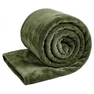 May include: A solid olive green plush throw blanket rolled into a cylindrical shape. The fabric has a soft, fuzzy texture with a visible hemmed edge along the bottom. The material appears thick and uniform in colour throughout the entire roll.