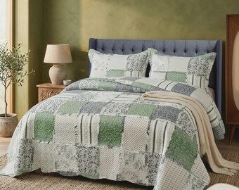3 Piece Quilted Patchwork Bedspread Throw Single Double King Size Bedding Set