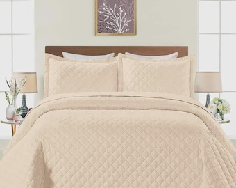 3 Piece Quilted Embossed Bedspread Bedding Set Single Double King Size Bed Throw