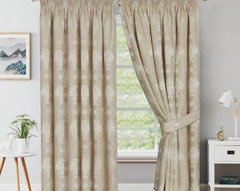 Fully Lined Jacquard Curtains Pencil Pleat Ready Made Luxury Floral Curtains