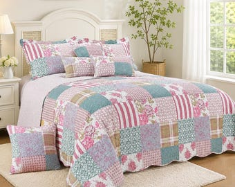3 Piece Quilted Patchwork Bedspread Throw Single Double King Size Bedding Set