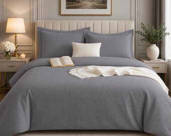 100% Cotton Quilted Waffle Duvet Cover Bedding Set Single Double Super King Size