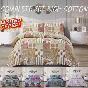 May include: A complete cotton bedding set with a patchwork design in beige, brown, and red tones. The set includes a duvet cover and pillowcases. The image also shows four other bedding set designs in different colours. Text on the image reads "COMPLETE SET RICH COTTON" and "LIMITED OFFER!"