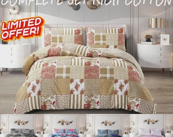 4PCs Rich Cotton Duvet Quilt Cover Bedding Set With Fitted Sheet & Pillowcase