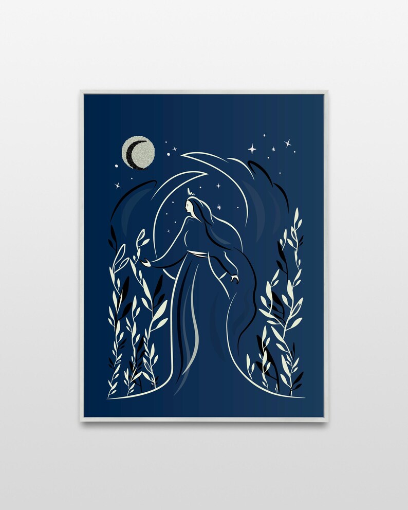 Mystical Woman Art Print, Celestial Moon Stars, Printable Wall Decor ...