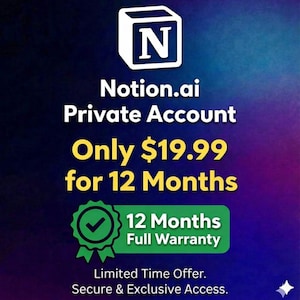 Pode incluir: Um anúncio digital para a Conta Privada Notion.ai. A imagem apresenta o logotipo da Notion, o texto "Notion.ai Private Account" e a oferta "Apenas $19,99 por 12 meses". O texto adicional inclui "12 Meses de Garantia Total" e "Oferta por Tempo Limitado. Acesso Seguro e Exclusivo."