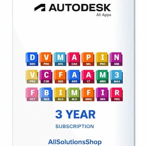 Op de afbeelding: Een witte kaart met het Autodesk-logo en de tekst "All Apps". Het bevat kleurrijke blokken met software-afkortingen, de tekst "3 YEAR SUBSCRIPTION" en "AllSolutionsShop."