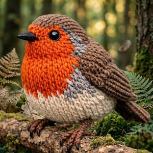 May include: A handcrafted knitted robin, featuring a bright orange chest, brown back, and grey detailing. The bird is perched on a moss-covered branch. The background is a blurred forest scene, creating a natural setting.